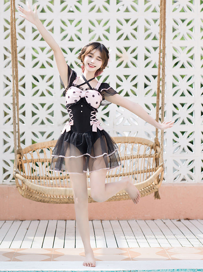 Dot Sheer Ruffle Lace Up Lolita Girly Dress Swimsuit