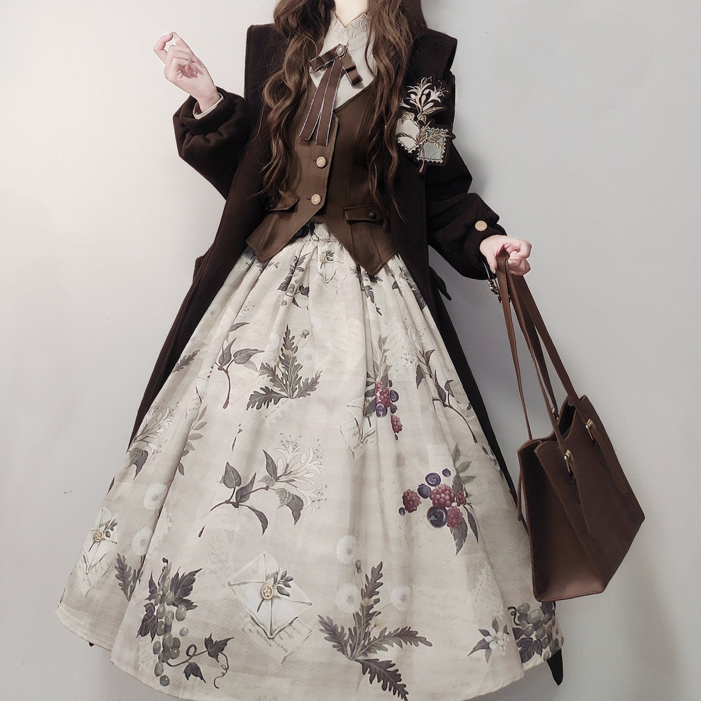 Retro Long Coat + Skirt + Shirt + Vest