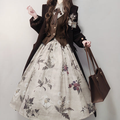 Retro Long Coat + Skirt + Shirt + Vest
