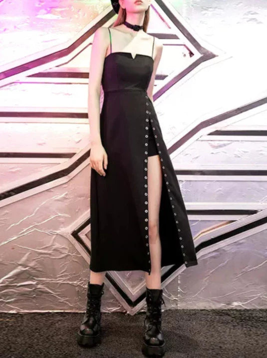 Eyelets Slit Black Slip Dress