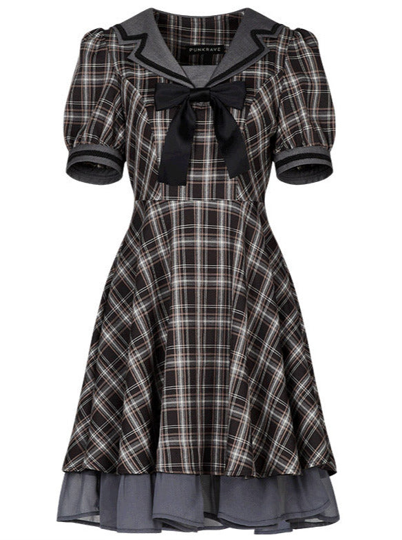 Plaid Bow Sailor Layered Dress