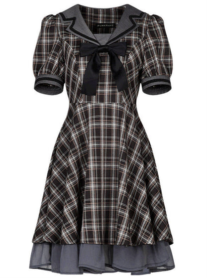 Plaid Bow Sailor Layered Dress