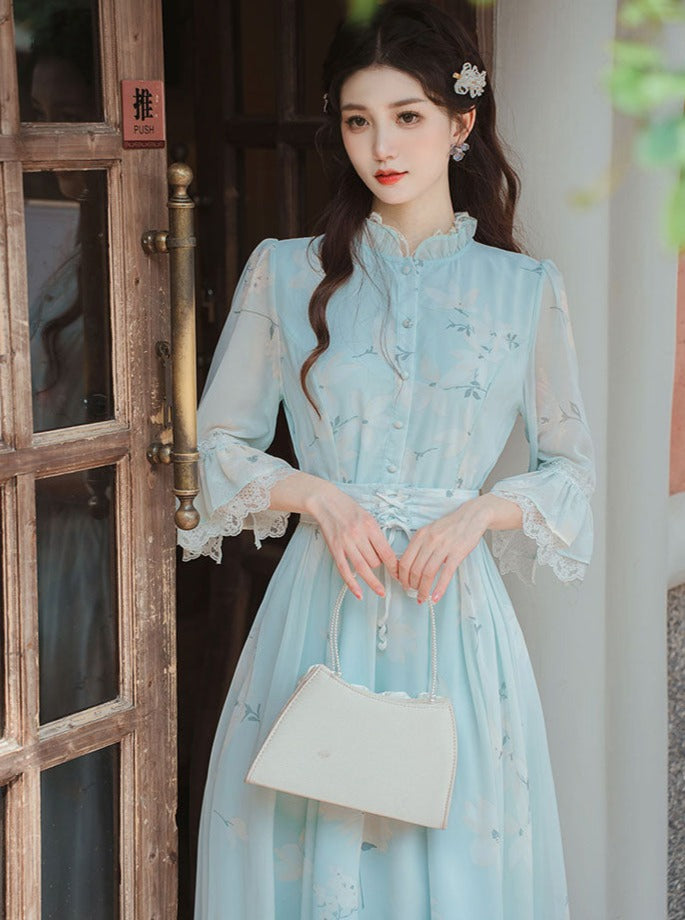 Retro Flower Stand Collar Dress