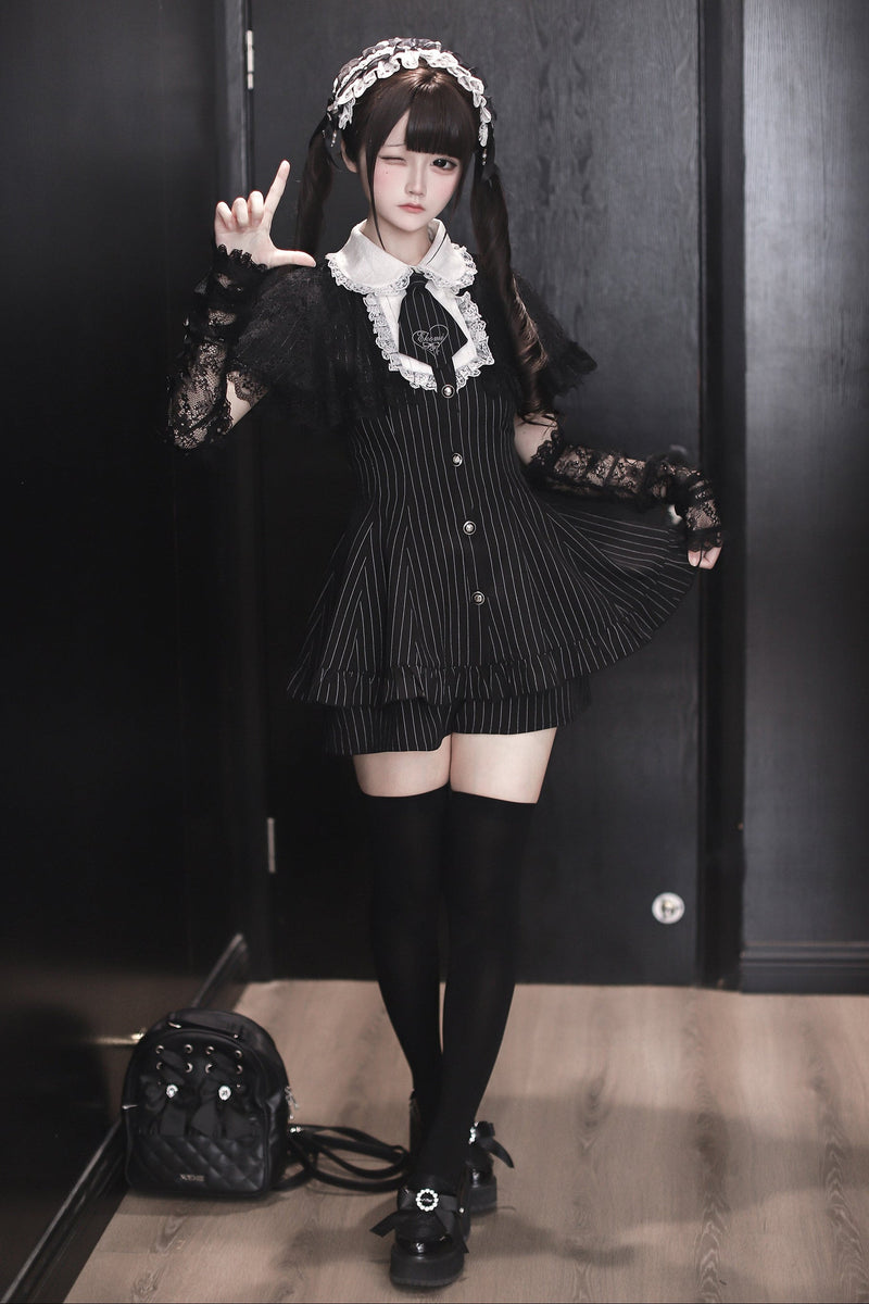 [reservation Deadline: May 15] Black Pinstripe Lace Cape Design Thai Collar Dress Suit Full Set + Accessories