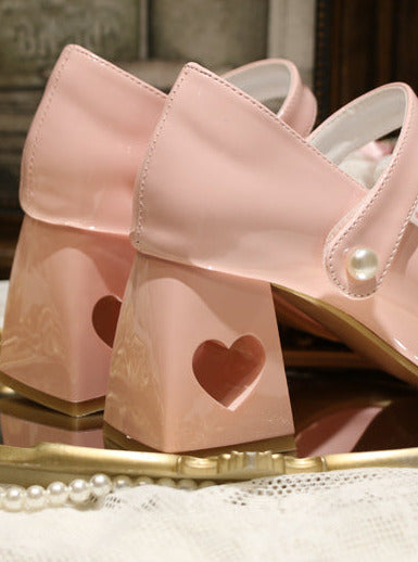 Lolita French Lace Ribbon Square Toe Love Heel Shoes