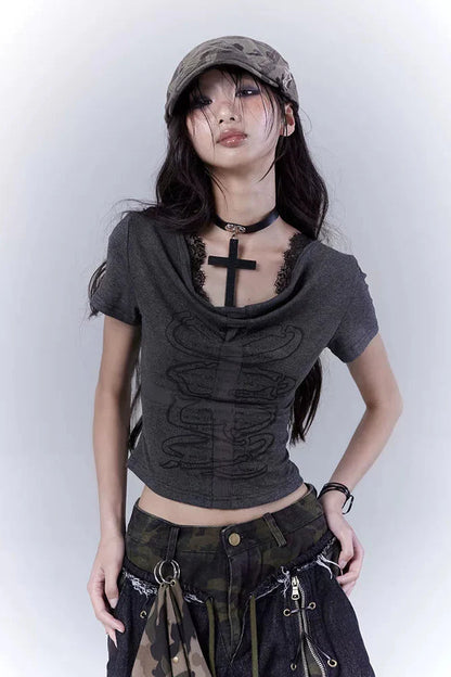 Dark Slim Lace Cross Top