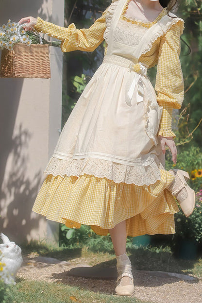 [pre-order] Retro Girly Yellow Dress + Apron + Ribbon