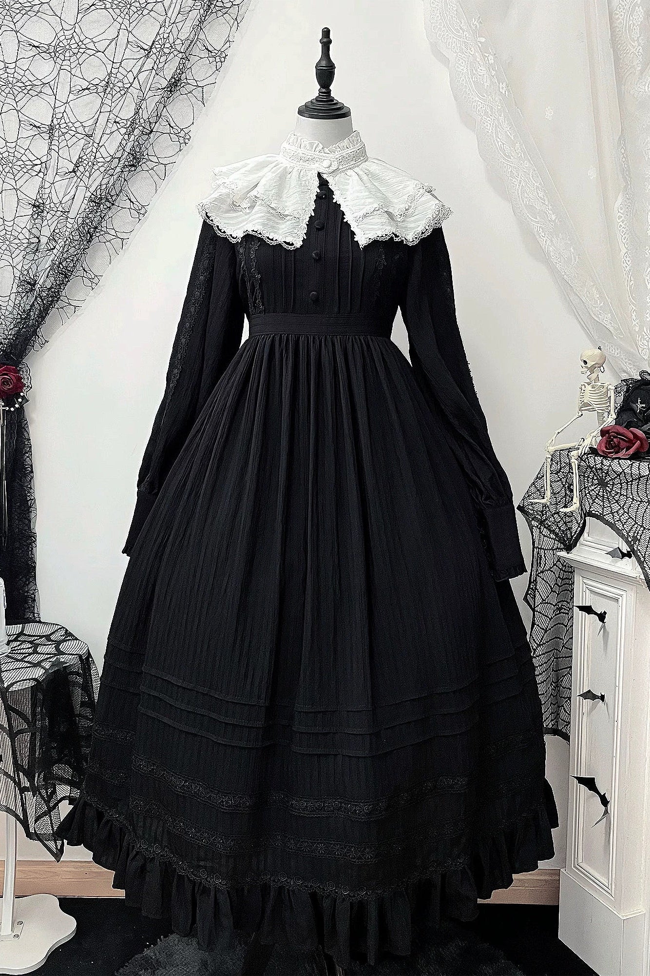 Dark Gothic Long Dress + Lace Collar