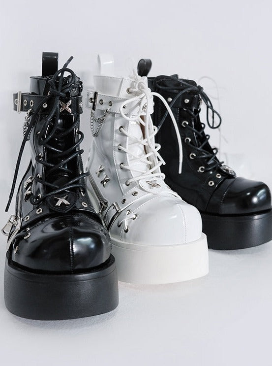 Punk Round Toe Platform Star Chain Design Boots