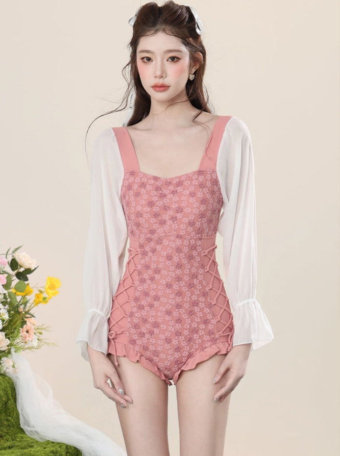 Salmon Pink Square Neckline Swimsuit
