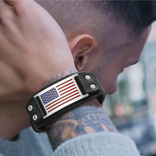 Black American Flag Leather Bracelet Wristband for