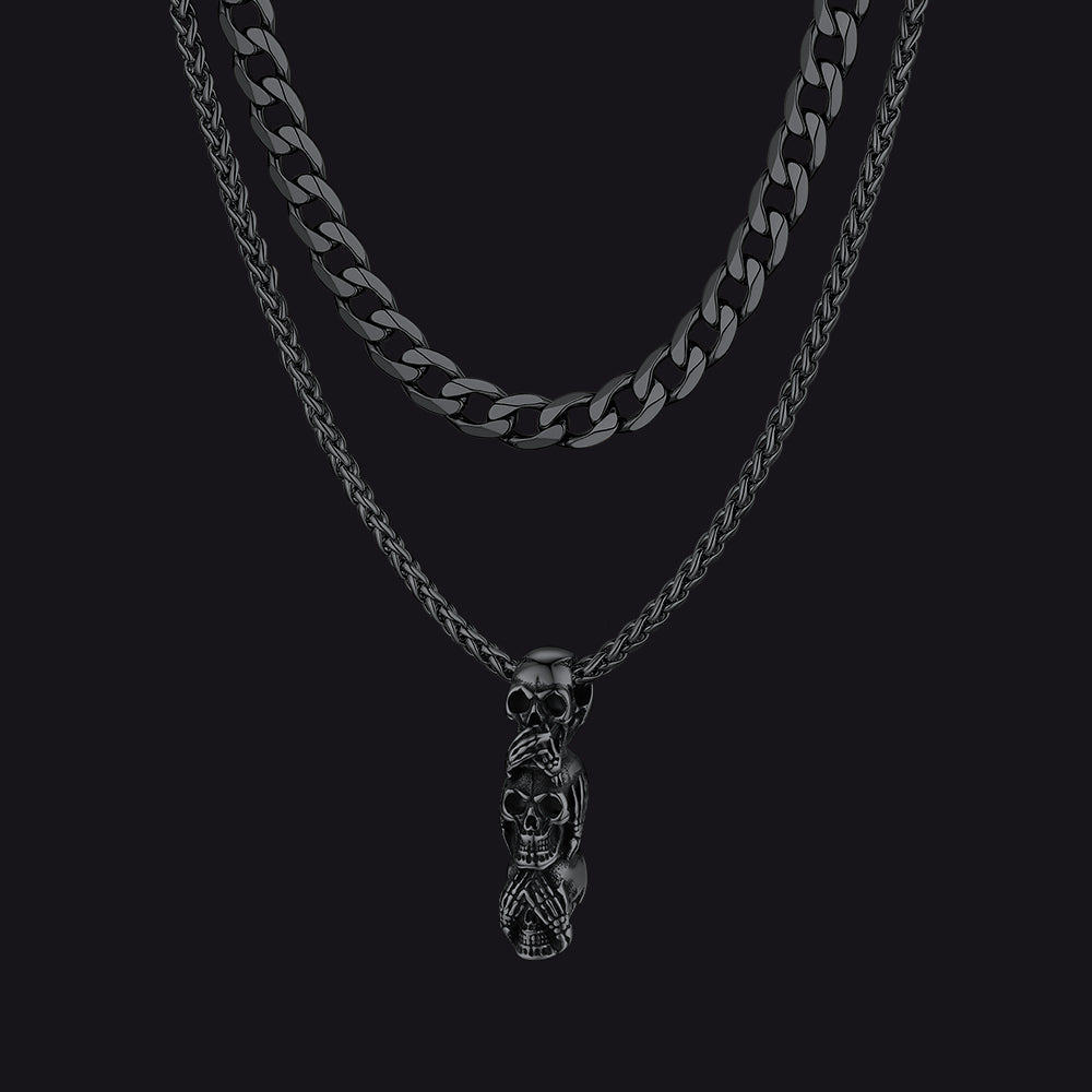 Cuban Curb Chain & Skull Layered Necklaces Set for