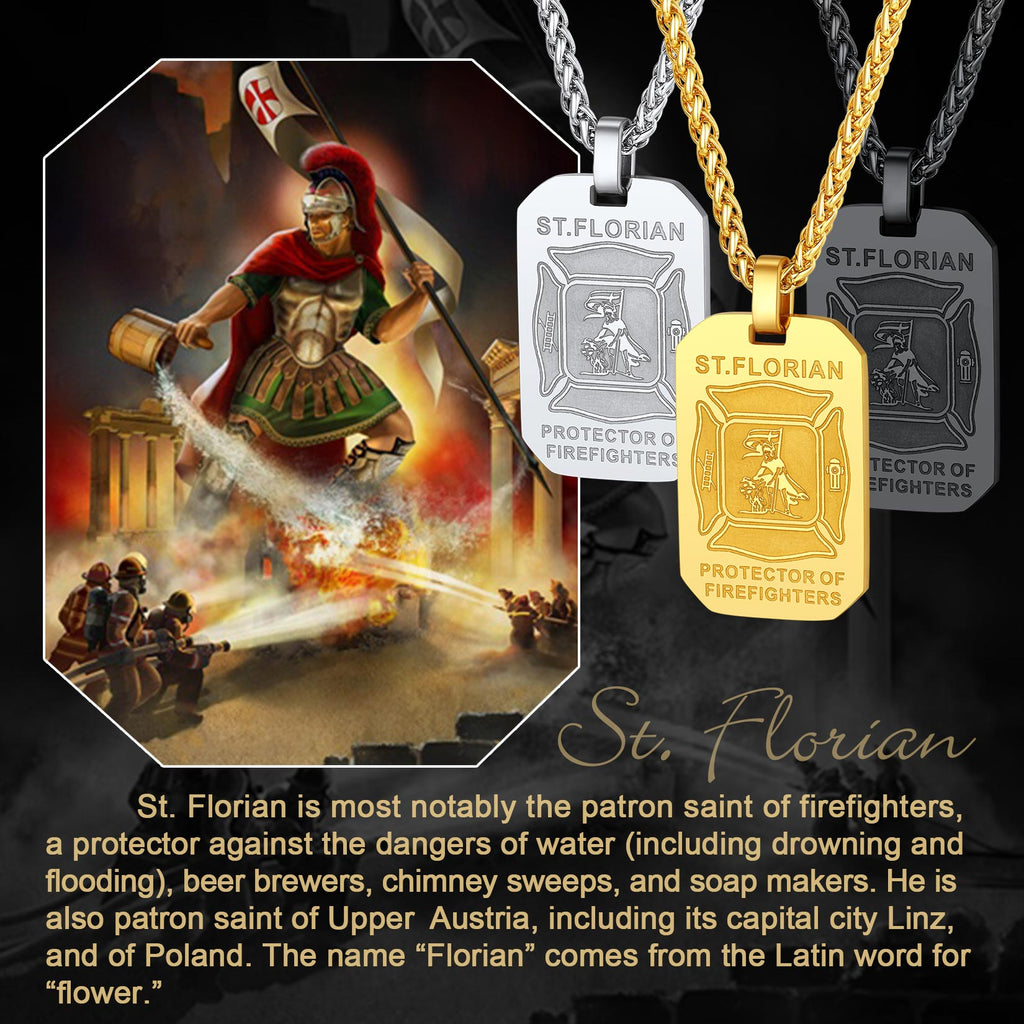 Engraved Saint Florian Firefighter Dog Tag Necklace for Firemen