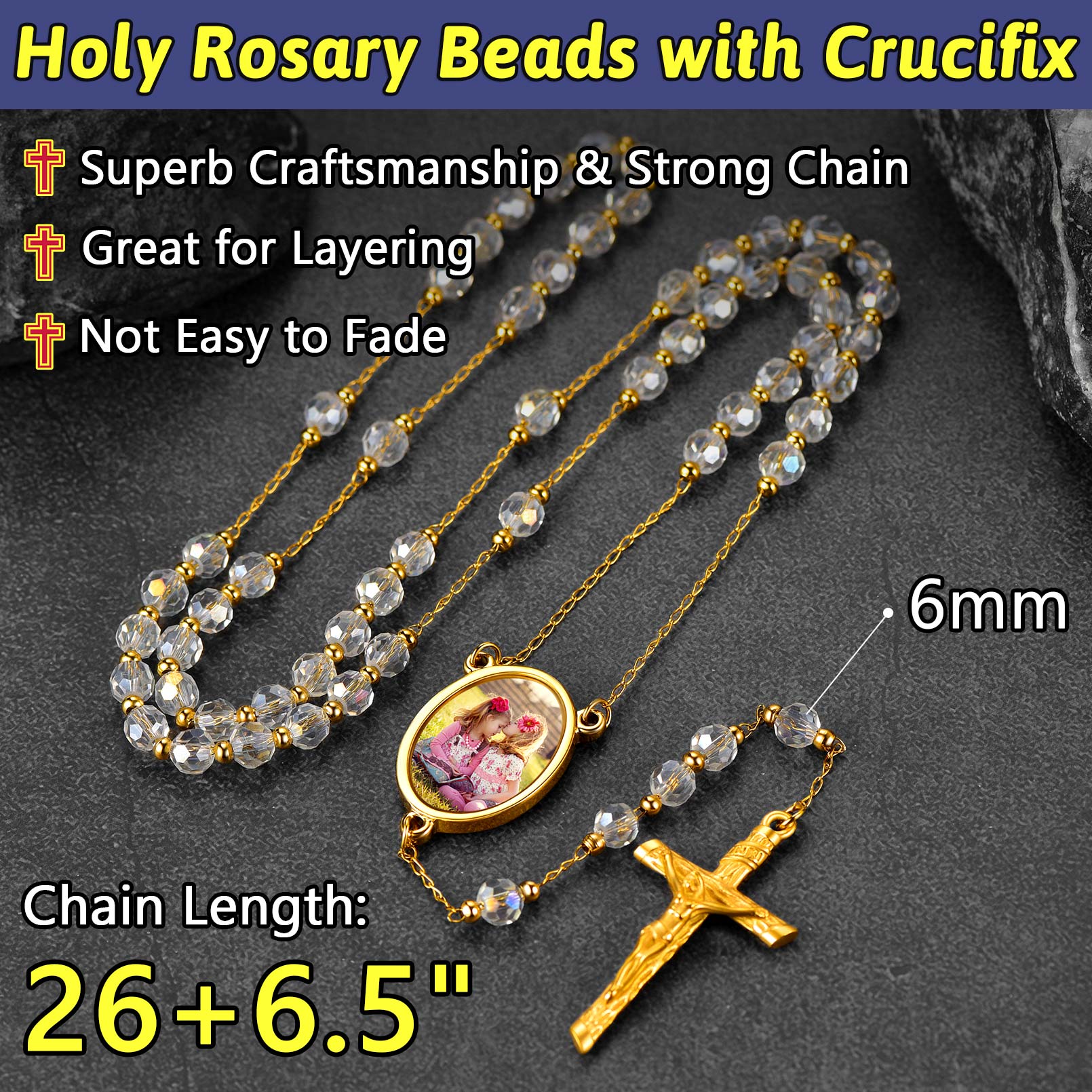 Personalized Photo Rosary Beads Cross Necklace With Picture for