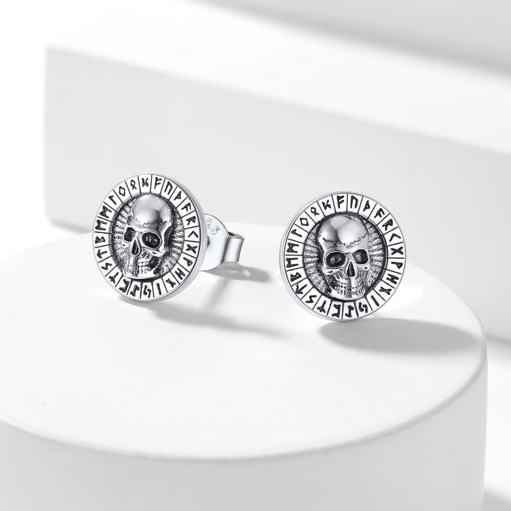 Sterling Silver Runes Skull Earrings Studs for