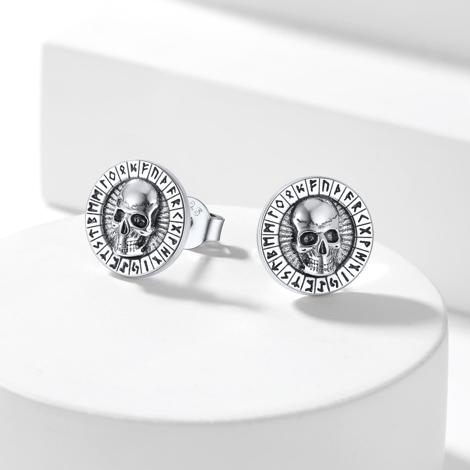 Sterling Silver Runes Skull Earrings Studs for