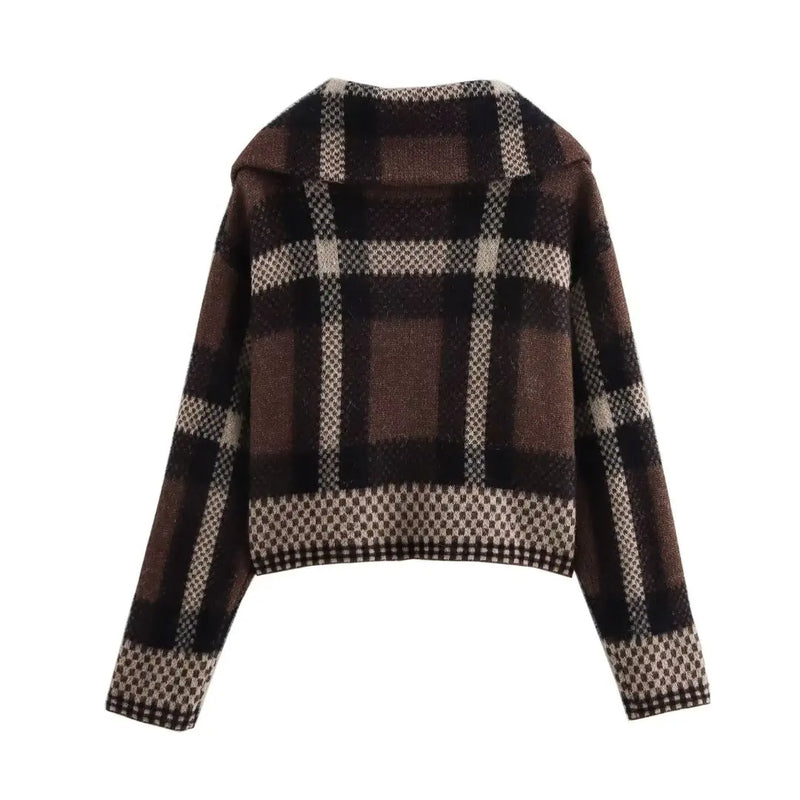 Plaid Knitted Cardigan Brown