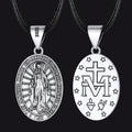 Sterling Silver Virgin Mary Necklace Medallion With Leather Chain