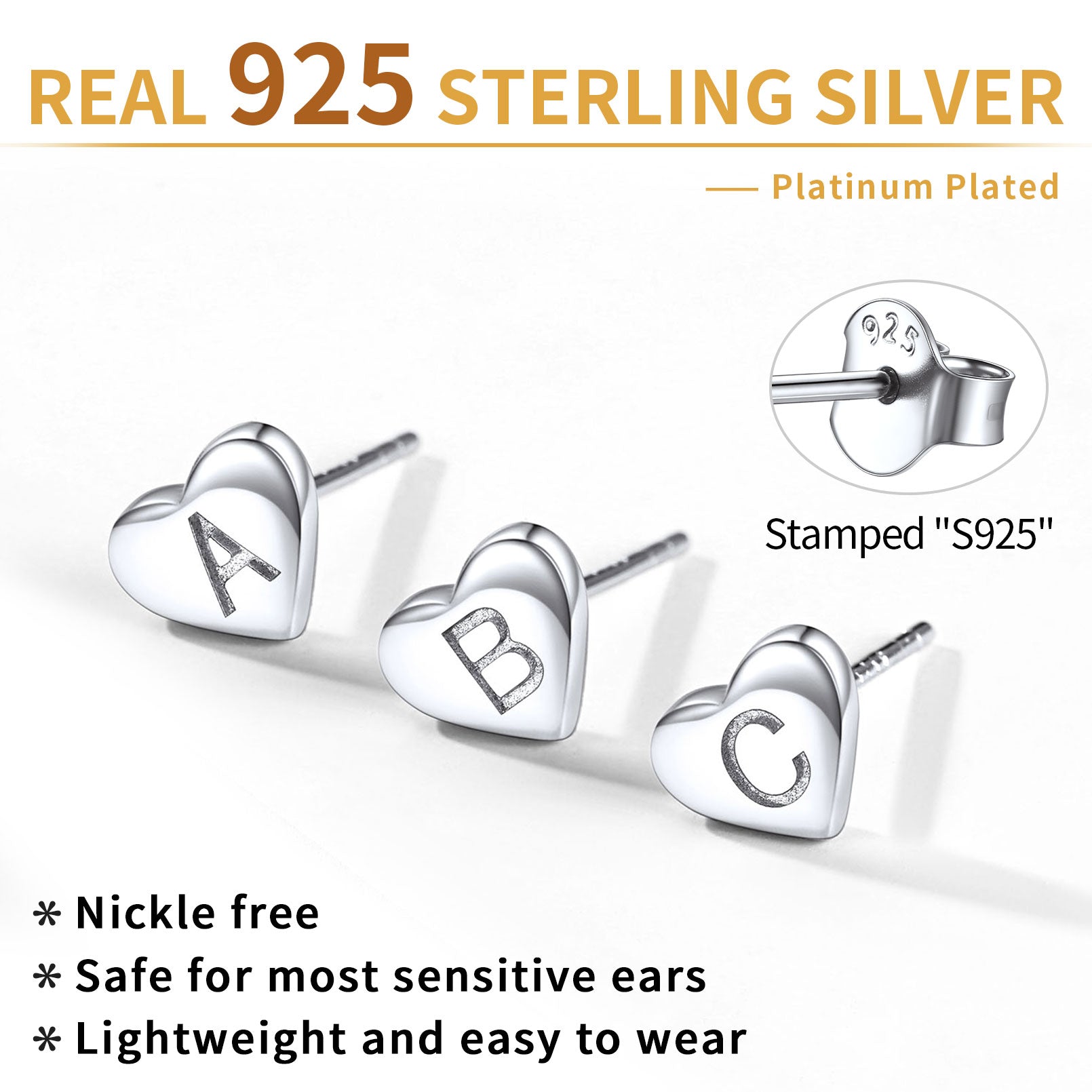 Sterling Silver Heart Initial Letter Stud Earrings for Girl Baby