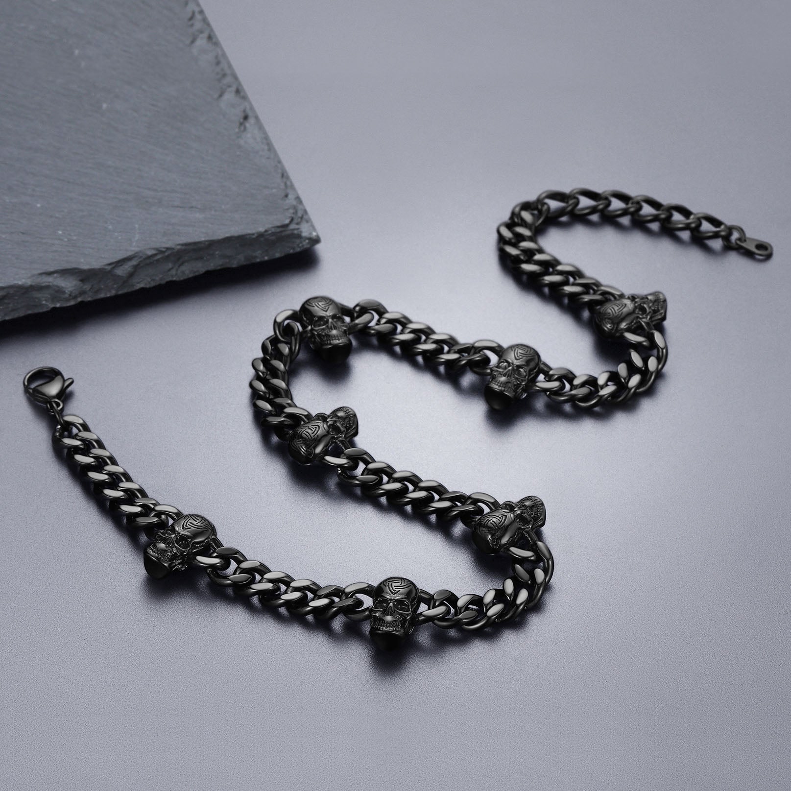 Gothic Skull Cuban Chain & Cornicello Italian Horn Layered Pendant Set for