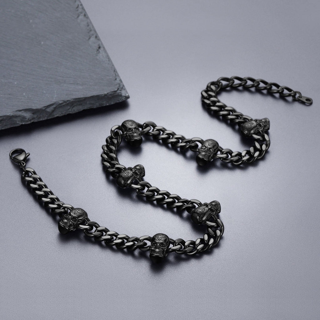 Gothic Skull Cuban Chain & Cross Layered Pendant Set for