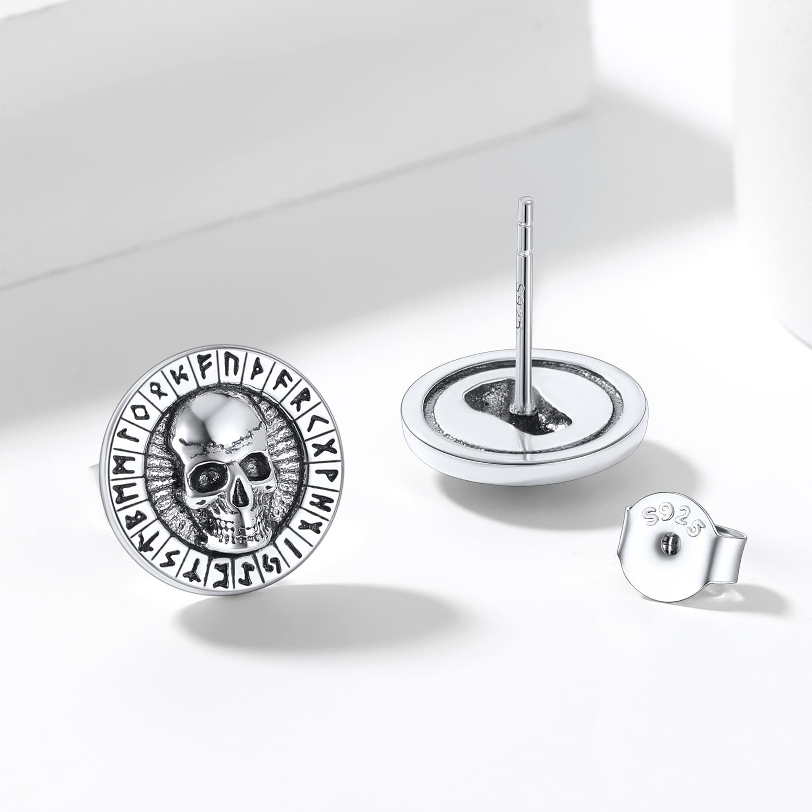 Sterling Silver Runes Skull Earrings Studs for