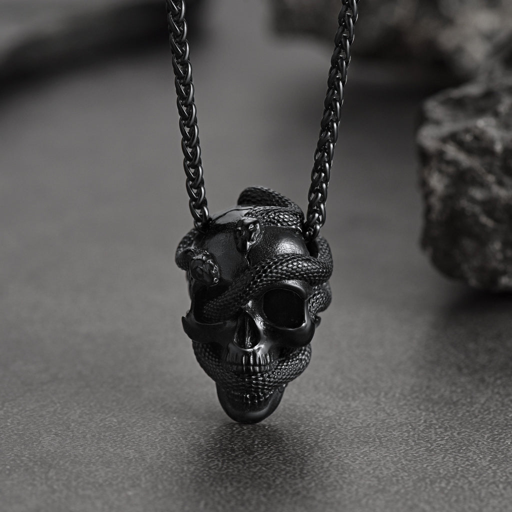 Gothic Snake Skull Pendant Necklace for