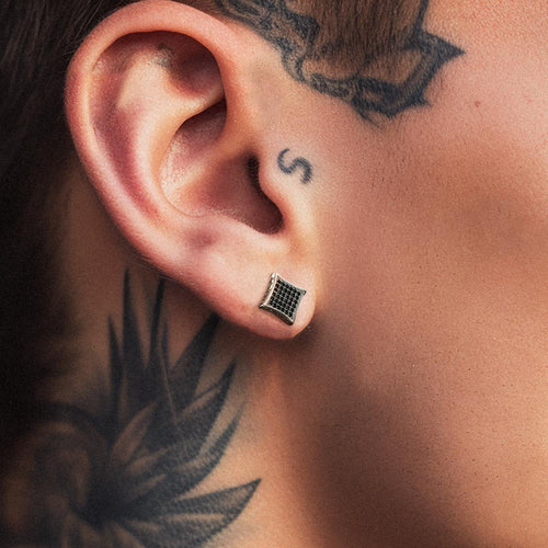 9mm Square Black Diamond Stud Earrings With Viking Runes