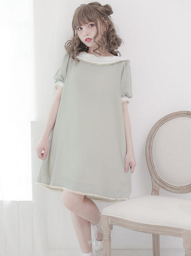 Plate Color Puff Sleeve Dress
