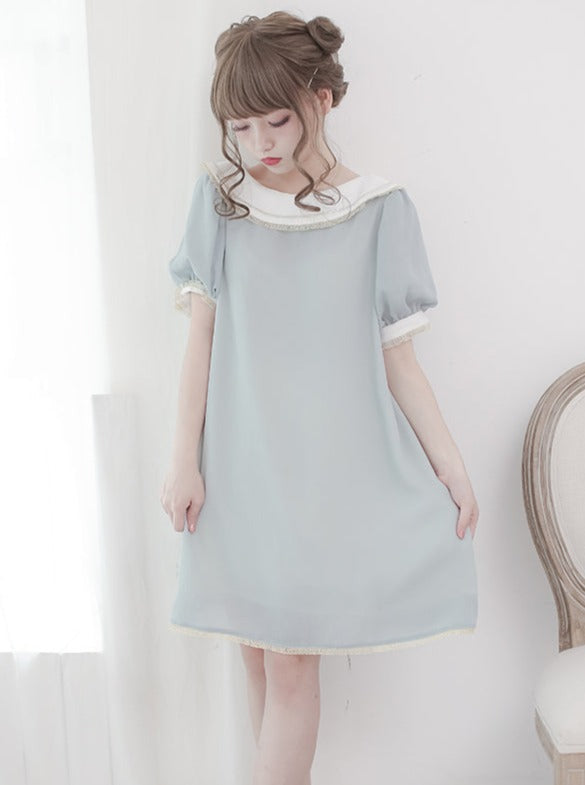 Plate Color Puff Sleeve Dress
