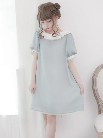Plate Color Puff Sleeve Dress