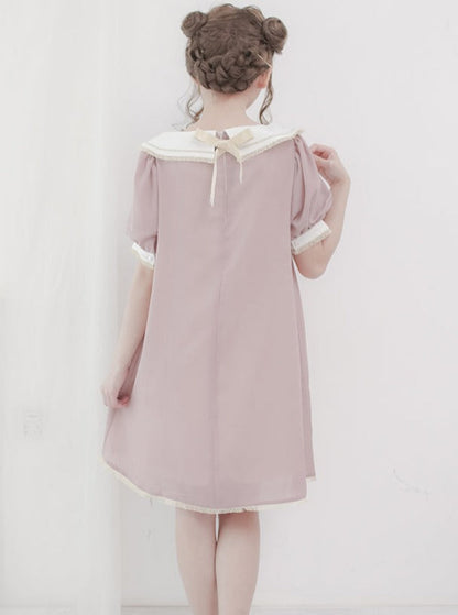 Plate Color Puff Sleeve Dress