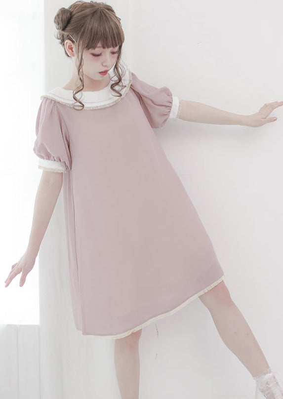 Plate Color Puff Sleeve Dress