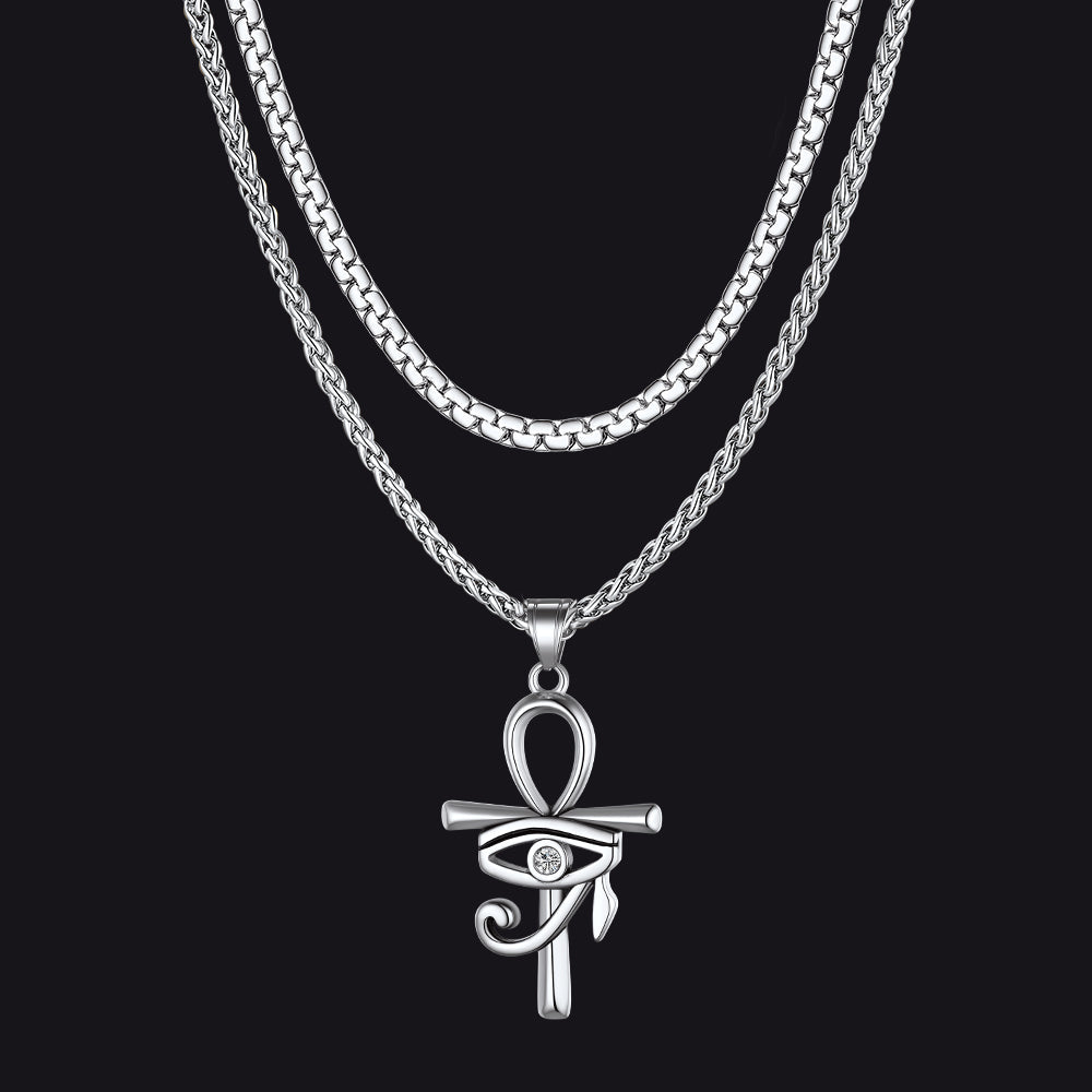 Flat Box Chain & Ankh Cross Layered Necklaces Set for