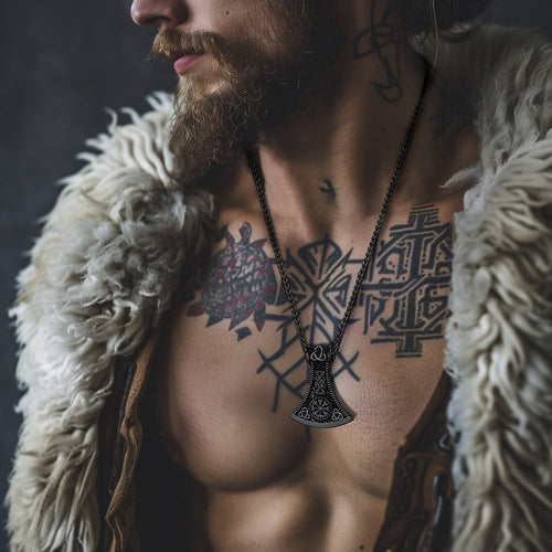 Battle Axe Viking Pendant Necklace With Compass for