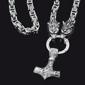 Viking Mjolnir Thor's Hammer Necklace With Wolf Head Kings Chain