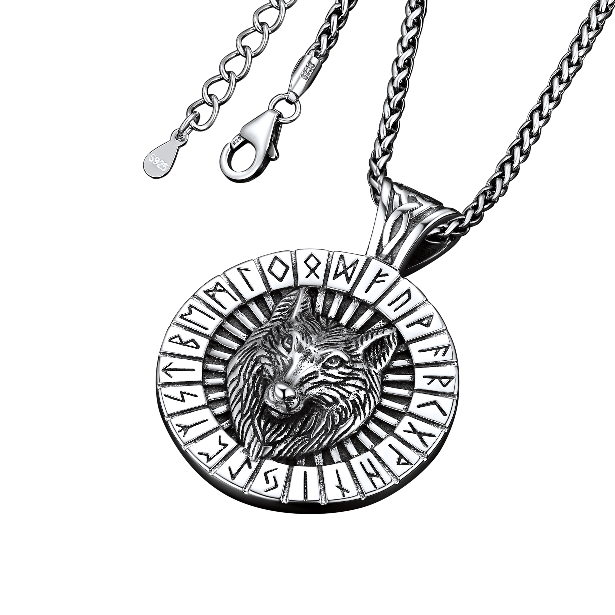 Viking Wolf Medal Necklace With Runes Jewelry for