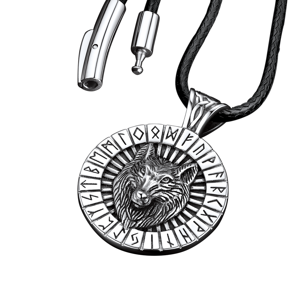 Viking Wolf Medal Necklace With Runes Jewelry for