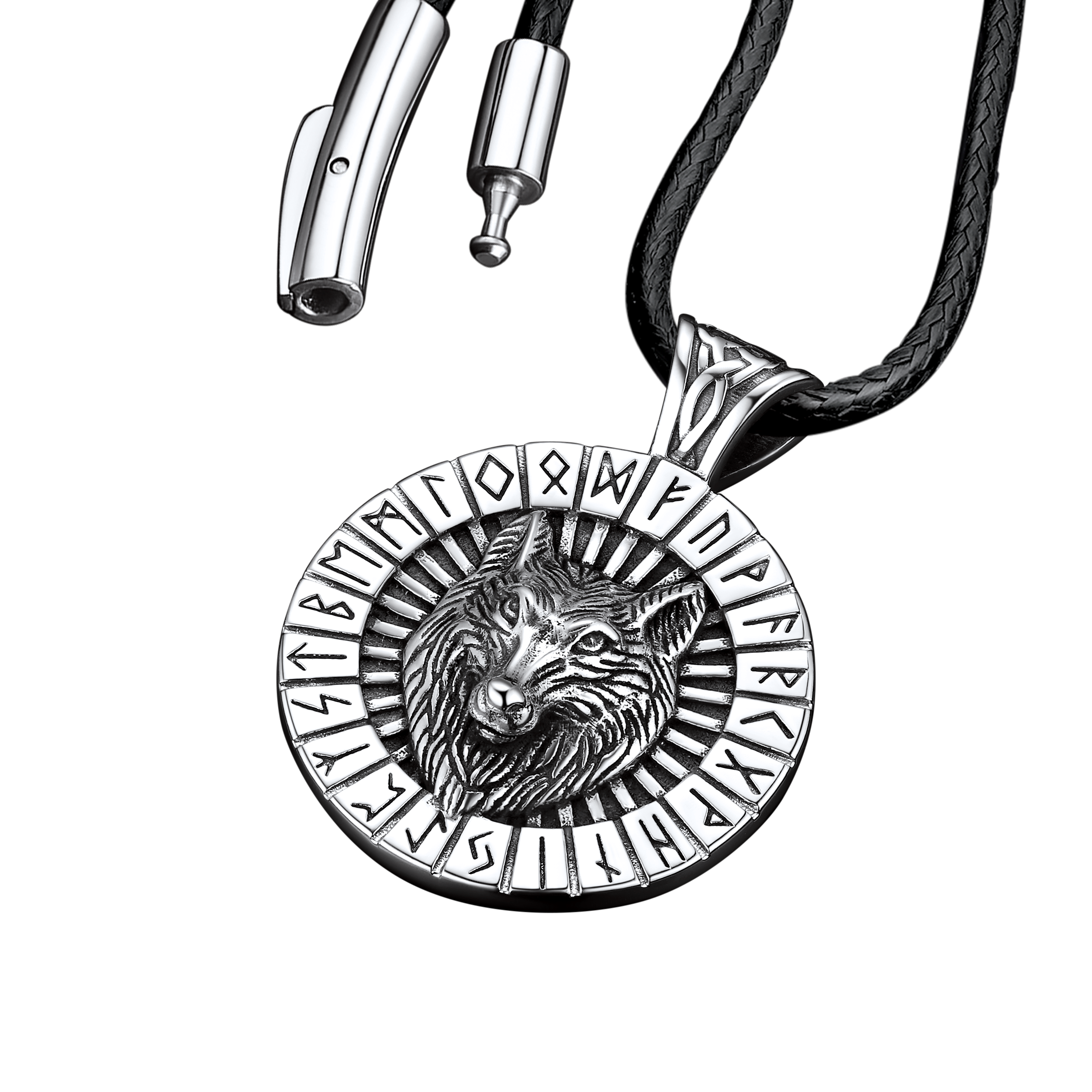 Viking Wolf Medal Necklace With Runes Jewelry for