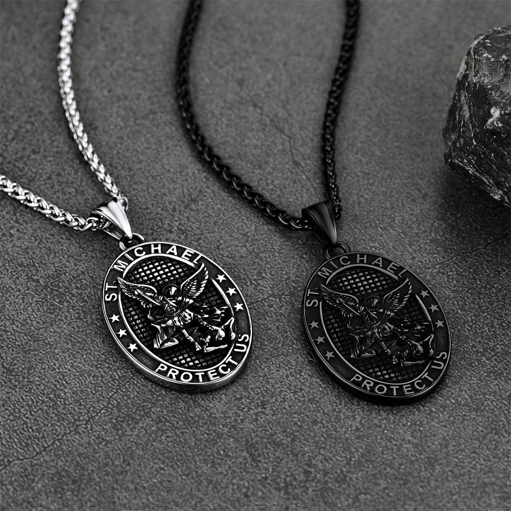 Flat Box Chain & St. Michael Layered Necklaces Set for