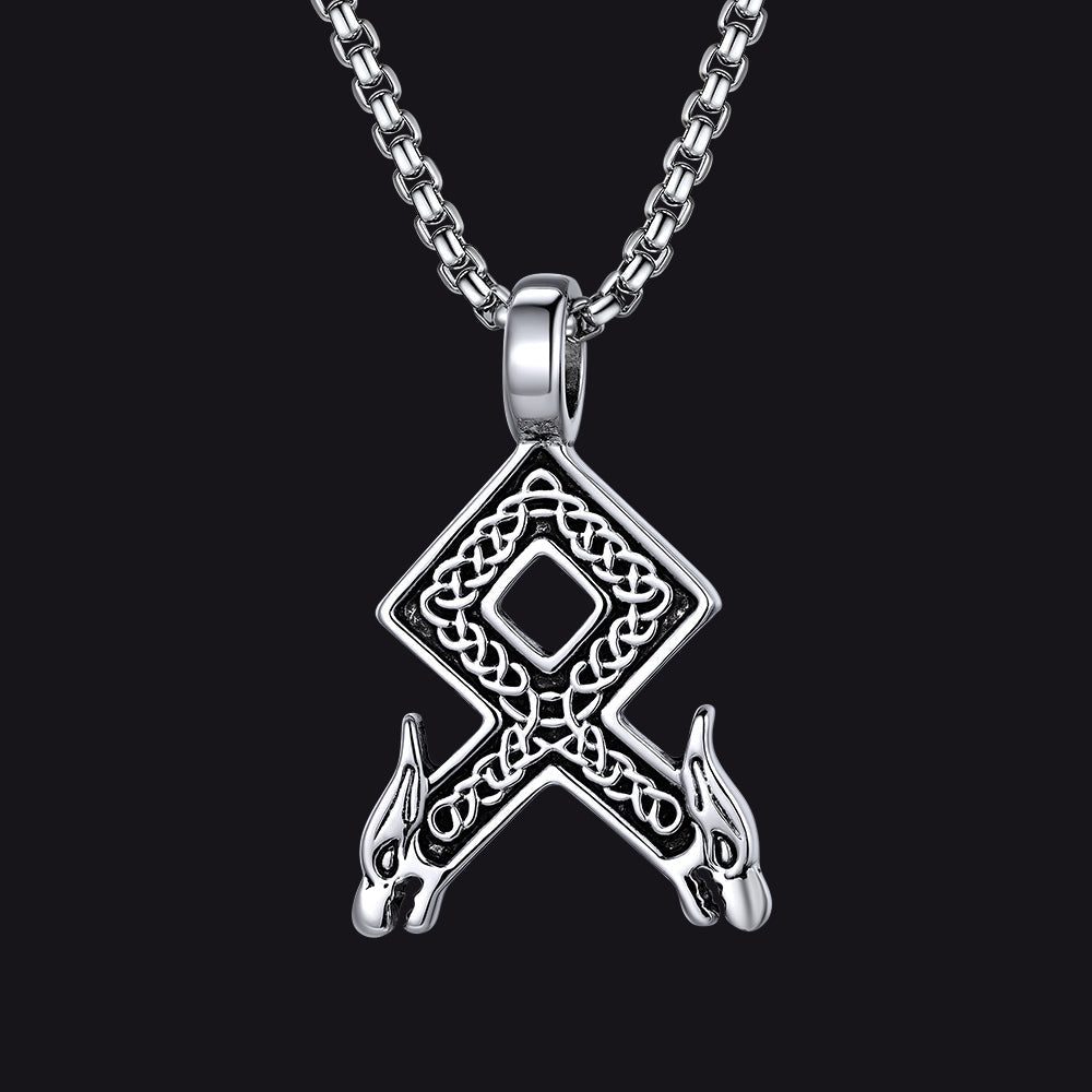 Viking Othala Rune Wolf Heads Pendant Necklace for