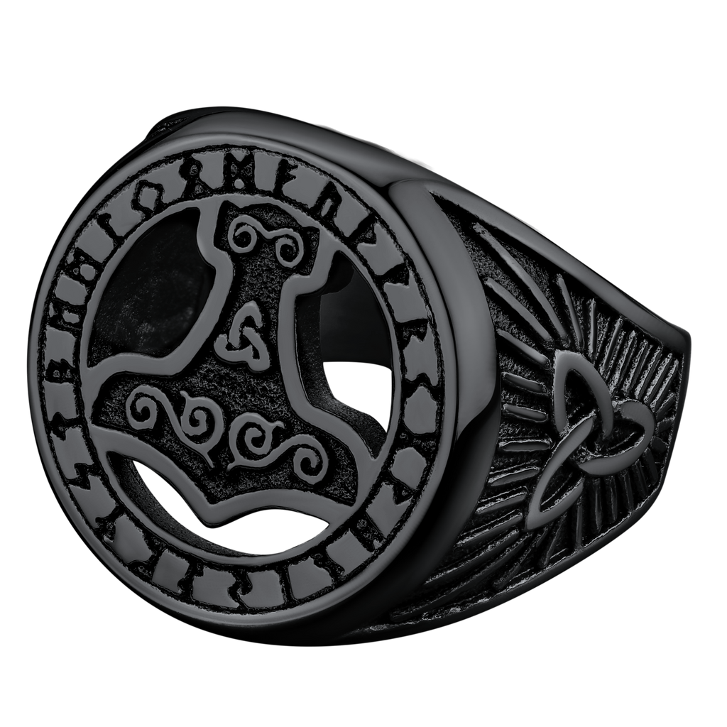 Viking Thor's Hammer Ring With Runes for