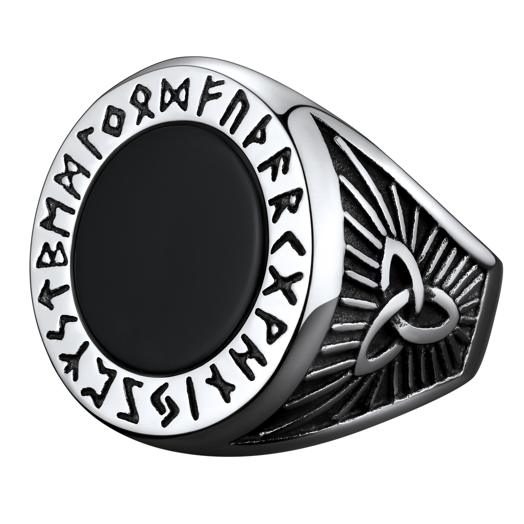 Black Onyx Signet Ring With Viking Runes for