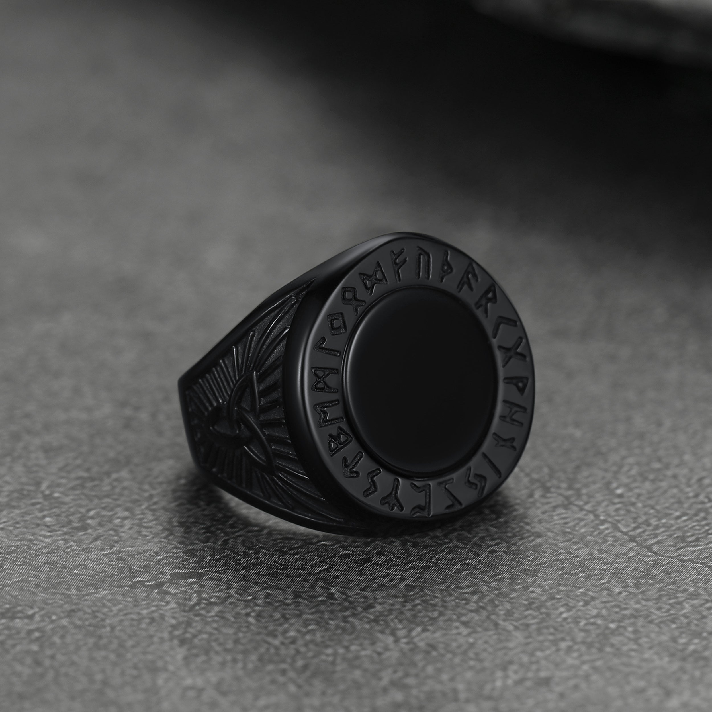 Black Onyx Signet Ring With Viking Runes for