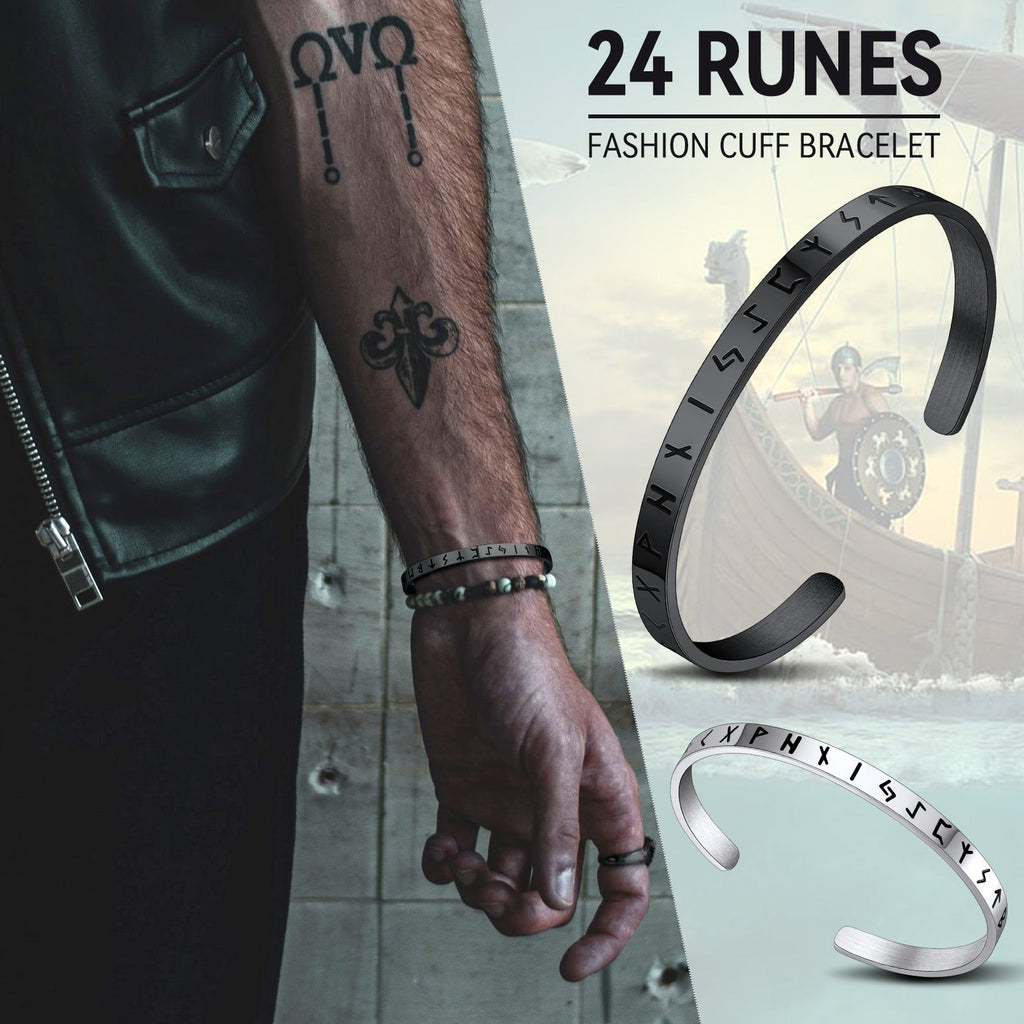 Norse Viking Runes Bangle Cuff Bracelet for