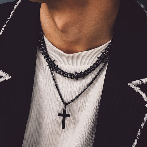 Barbed Wire Cuban Chain & Cross Layered Necklaces Set for