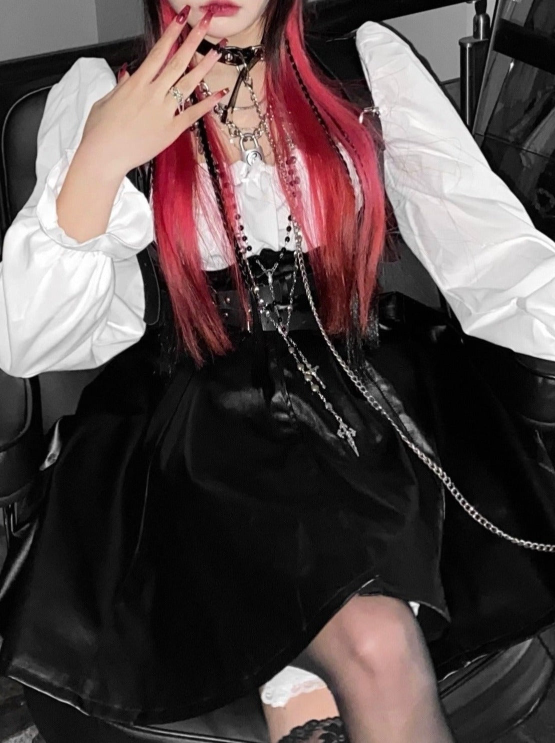 Lace-up Candy Sleeve White Dress + Belt Buckle With Front Button Leather a Line Overall Skirt
