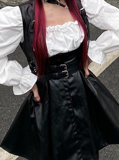 Lace-up Candy Sleeve White Dress + Belt Buckle With Front Button Leather a Line Overall Skirt