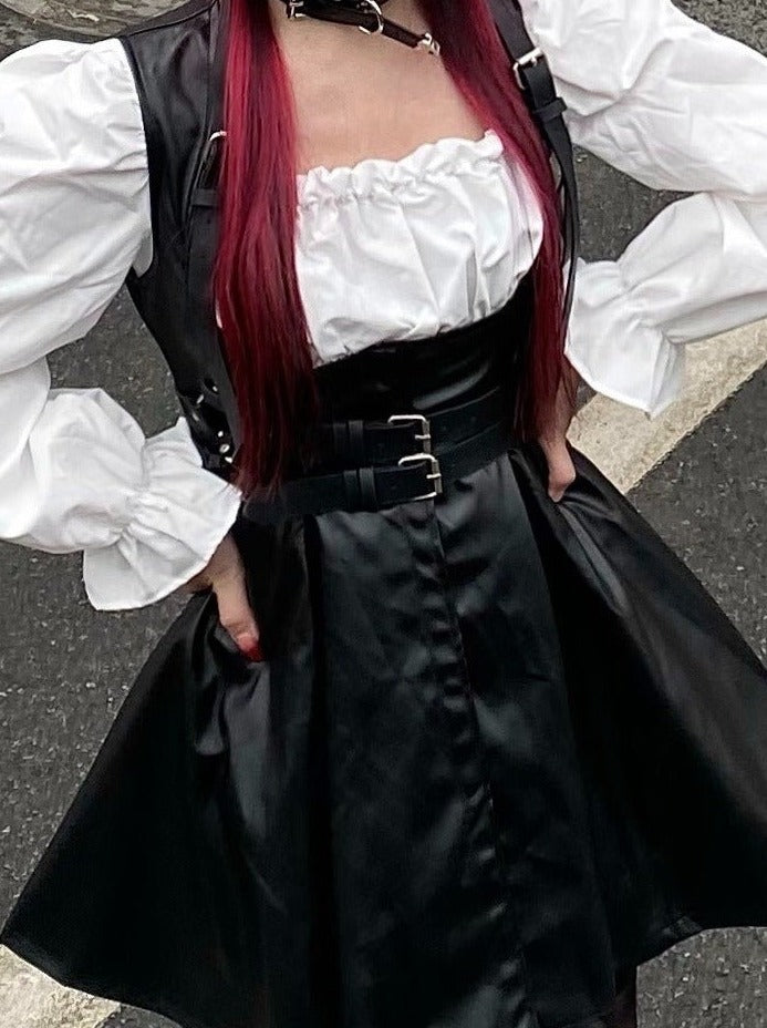 Lace-up Candy Sleeve White Dress + Belt Buckle With Front Button Leather a Line Overall Skirt