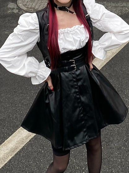Lace-up Candy Sleeve White Dress + Belt Buckle With Front Button Leather a Line Overall Skirt
